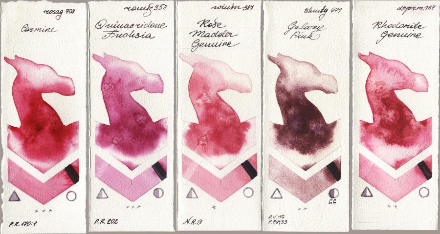 Rosa Gallery 708 Carmine vs Roman Szmal Aquarius 358 Quinacridone Fuchsia vs Winsor & Newton Professional 587 Rose Madder Genuine vs Shminke Horadam Aquarell 971 Galaxy Pink vs Daniel Smith 167 Rhodonite Genuine watercolor swatch