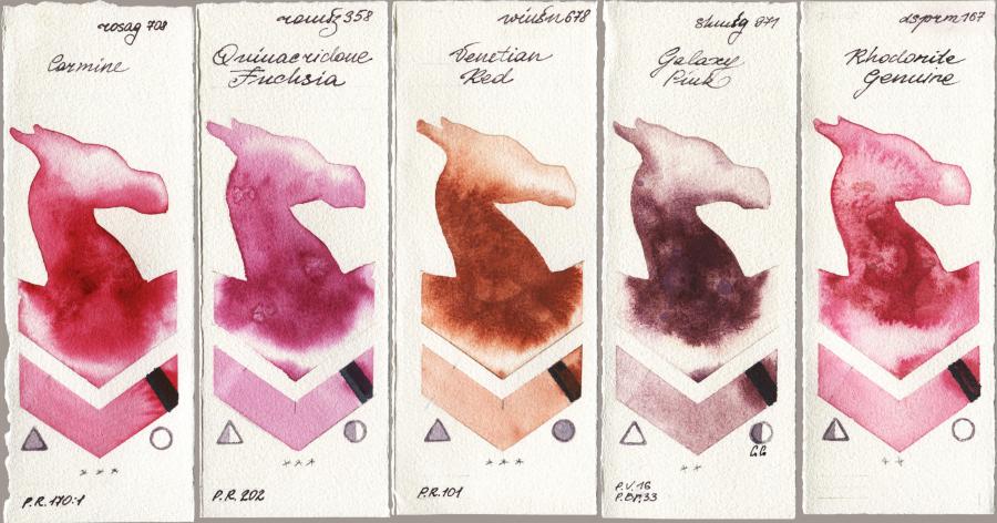 Rosa Gallery 708 Carmine vs Roman Szmal Aquarius 358 Quinacridone Fuchsia vs Winsor & Newton Professional 678 Venetian Red vs Shminke Horadam Aquarell 971 Galaxy Pink vs Daniel Smith 167 Rhodonite Genuine watercolor swatch