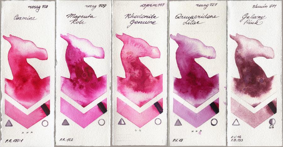 Rosa Gallery 708 Carmine vs 709 Magenta Rose vs Daniel Smith 167 Rhodonite Genuine vs 727 Quinacridone Lilac vs Shminke Horadam Aquarell 971 Galaxy Pink watercolor swatch
