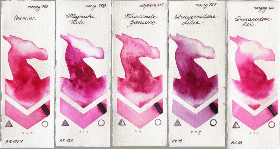 Rosa Gallery 708 Carmine vs 709 Magenta Rose vs Daniel Smith 167 Rhodonite Genuine vs 727 Quinacridone Lilac vs Royal Talens Van Gogh Watercolour 366 Quinacridone Rose watercolor swatch