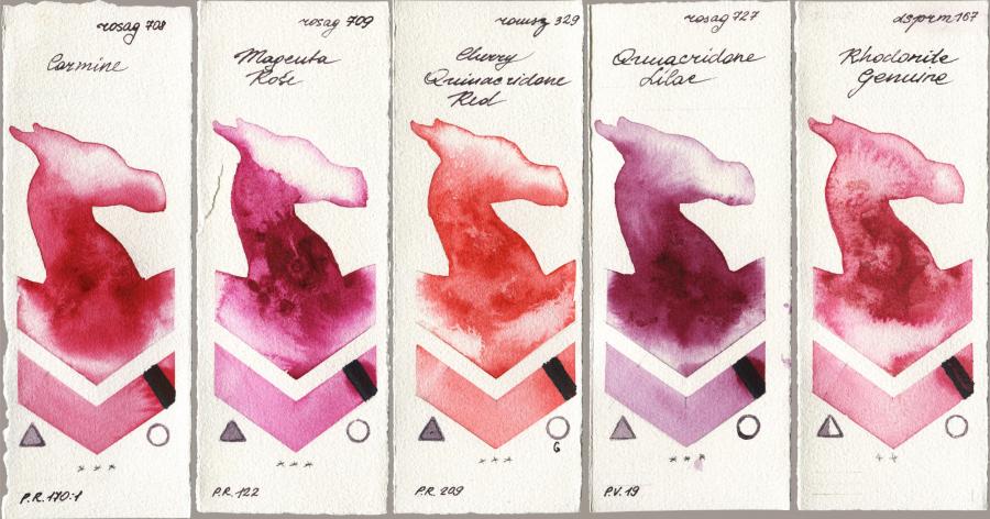 Rosa Gallery 708 Carmine vs 709 Magenta Rose vs Roman Szmal Aquarius 329 Cherry Quinacridone Red vs 727 Quinacridone Lilac vs Daniel Smith 167 Rhodonite Genuine watercolor swatch