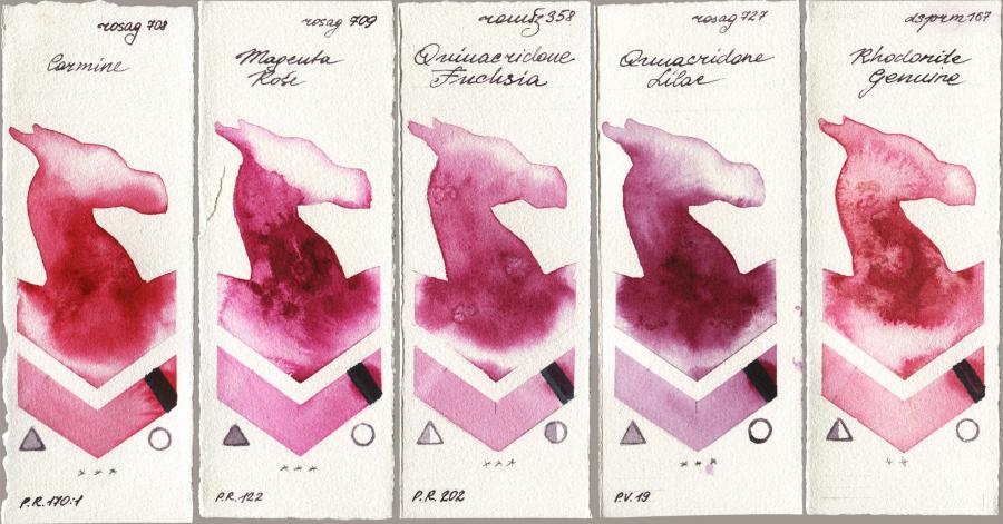 Rosa Gallery 708 Carmine vs 709 Magenta Rose vs Roman Szmal Aquarius 358 Quinacridone Fuchsia vs 727 Quinacridone Lilac vs Daniel Smith 167 Rhodonite Genuine watercolor swatch