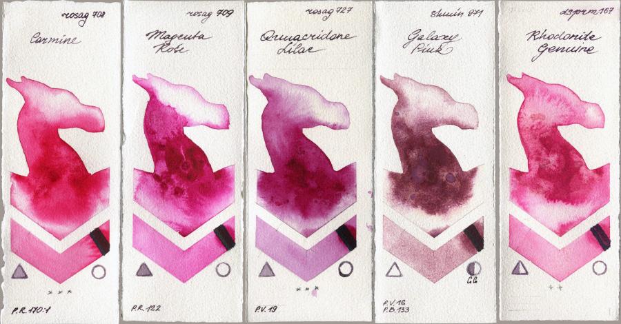 Rosa Gallery 708 Carmine vs 709 Magenta Rose vs 727 Quinacridone Lilac vs Shminke Horadam Aquarell 971 Galaxy Pink vs Daniel Smith 167 Rhodonite Genuine watercolor swatch