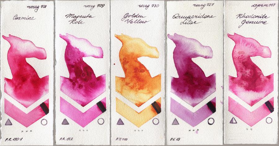 Rosa Gallery 708 Carmine vs 709 Magenta Rose vs 730 Golden Yellow vs 727 Quinacridone Lilac vs Daniel Smith 167 Rhodonite Genuine watercolor swatch
