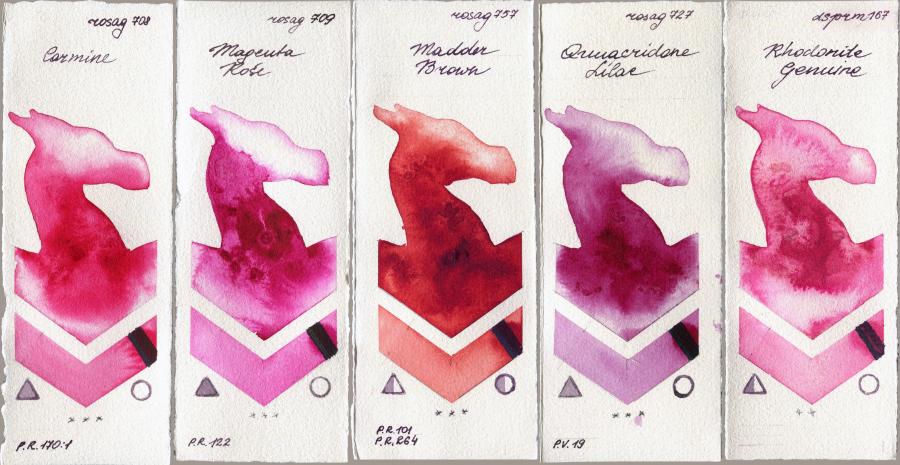 Rosa Gallery 708 Carmine vs 709 Magenta Rose vs 757 Madder Brown vs 727 Quinacridone Lilac vs Daniel Smith 167 Rhodonite Genuine watercolor swatch