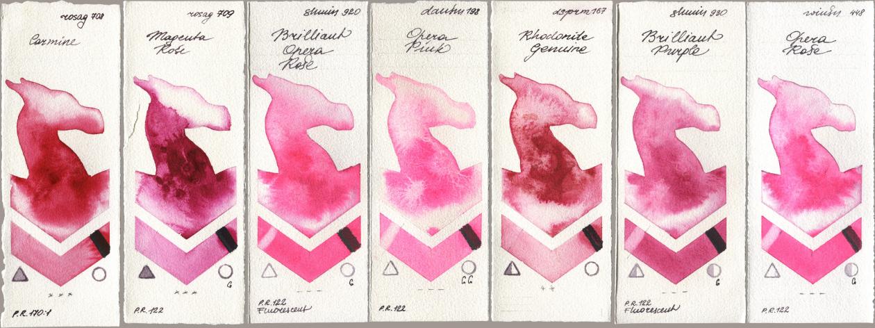 Rosa Gallery 708 Carmine, 709 Magenta Rose, Shminke Horadam Aquarell 920 Brilliant Opera Rose, Daniel Smith 198 Opera Pink, 167 Rhodonite Genuine, 930 Brilliant Purple, Winsor & Newton Professional 448 Opera Ro watercolor swatch