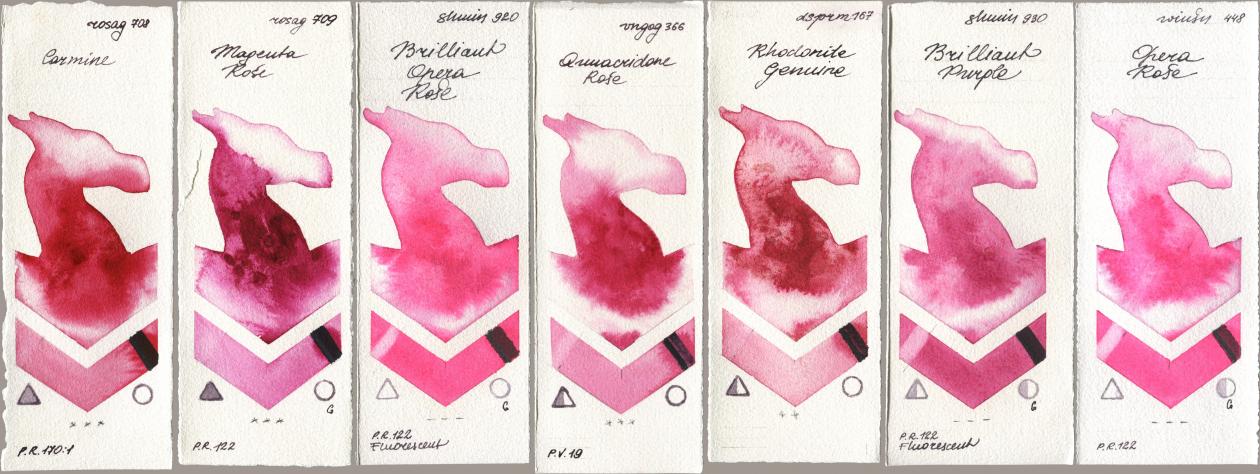 Rosa Gallery 708 Carmine, 709 Magenta Rose, Shminke Horadam Aquarell 920 Brilliant Opera Rose, Royal Talens Van Gogh Watercolour 366 Quinacridone Rose, Daniel Smith 167 Rhodonite Genuine, 930 Brilliant Purple, Winsor & Newton Professional 448 Opera Ro watercolor swatch