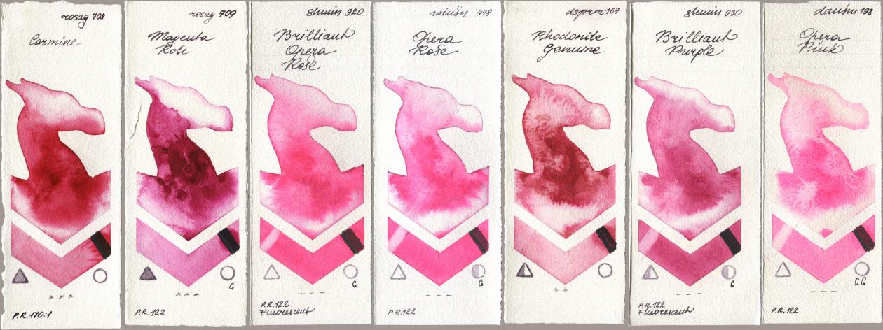 Rosa Gallery 708 Carmine, 709 Magenta Rose, Shminke Horadam Aquarell 920 Brilliant Opera Rose, Winsor & Newton Professional 448 Opera Rose, Daniel Smith 167 Rhodonite Genuine, 930 Brilliant Purple, 198 Opera Pi watercolor swatch