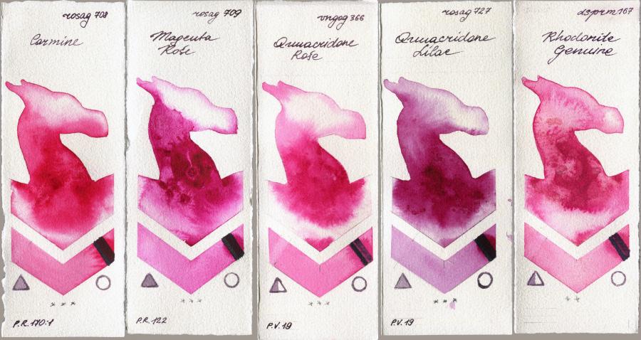 Rosa Gallery 708 Carmine vs 709 Magenta Rose vs Royal Talens Van Gogh Watercolour 366 Quinacridone Rose vs 727 Quinacridone Lilac vs Daniel Smith 167 Rhodonite Genuine watercolor swatch