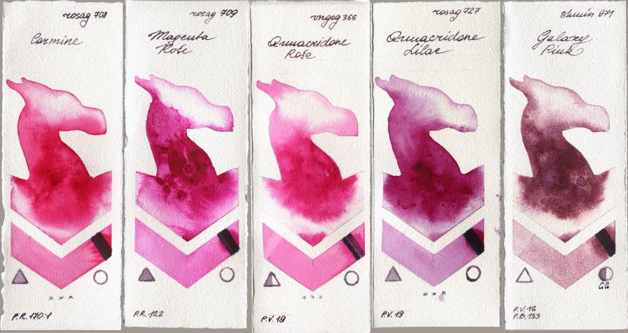 Rosa Gallery 708 Carmine vs 709 Magenta Rose vs Van Gogh Watercolour 366 Quinacridone Rose vs 727 Quinacridone Lilac vs Shminke Horadam Aquarell 971 Galaxy Pink watercolor swatch