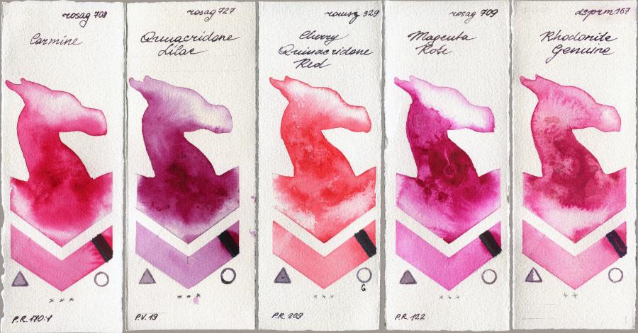 Rosa Gallery 708 Carmine vs 727 Quinacridone Lilac vs Roman Szmal Aquarius 329 Cherry Quinacridone Red vs 709 Magenta Rose vs Daniel Smith 167 Rhodonite Genuine watercolor swatch