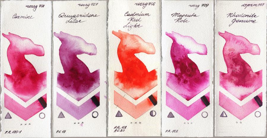 Rosa Gallery 708 Carmine vs 727 Quinacridone Lilac vs 706 Cadmium Red Light vs 709 Magenta Rose vs Daniel Smith 167 Rhodonite Genuine watercolor swatch