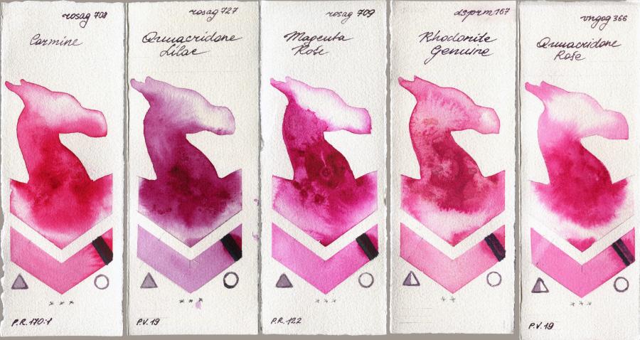 Rosa Gallery 708 Carmine vs 727 Quinacridone Lilac vs 709 Magenta Rose vs Daniel Smith 167 Rhodonite Genuine vs Royal Talens Van Gogh Watercolour 366 Quinacridone Rose watercolor swatch