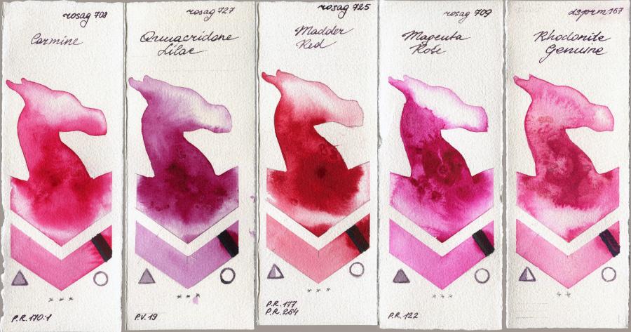 Rosa Gallery 708 Carmine vs 727 Quinacridone Lilac vs 725 Madder Red vs 709 Magenta Rose vs Daniel Smith 167 Rhodonite Genuine watercolor swatch