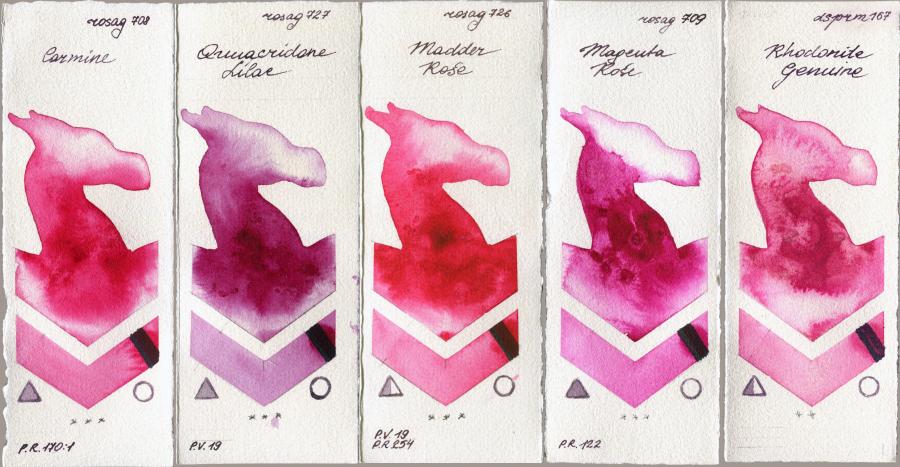 Rosa Gallery 708 Carmine vs 727 Quinacridone Lilac vs 726 Madder Rose vs 709 Magenta Rose vs Daniel Smith 167 Rhodonite Genuine watercolor swatch