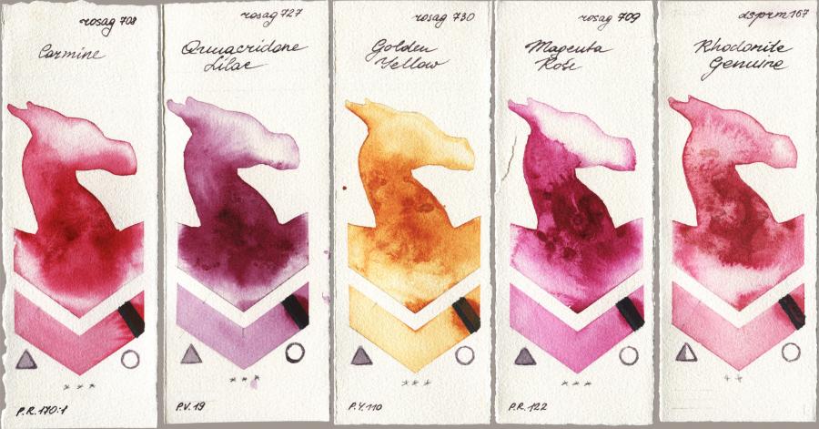 Rosa Gallery 708 Carmine vs 727 Quinacridone Lilac vs 730 Golden Yellow vs 709 Magenta Rose vs Daniel Smith 167 Rhodonite Genuine watercolor swatch