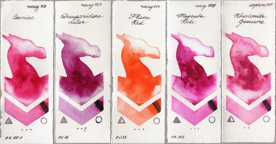Rosa Gallery 708 Carmine vs 727 Quinacridone Lilac vs 734 Flame Red vs 709 Magenta Rose vs Daniel Smith 167 Rhodonite Genuine watercolor swatch