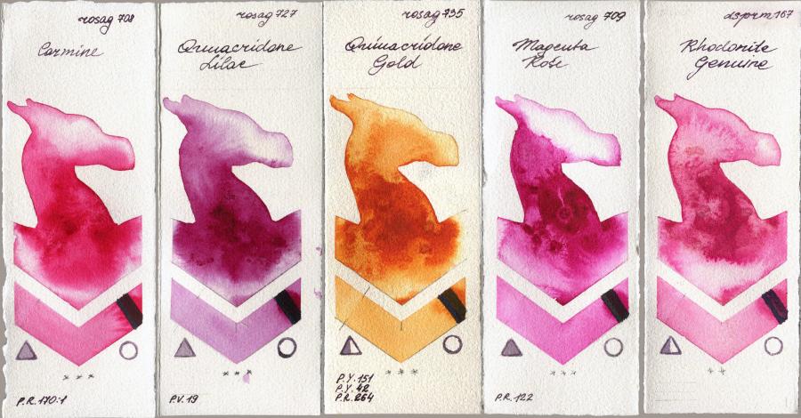 Rosa Gallery 708 Carmine vs 727 Quinacridone Lilac vs 735 Quinacridone Gold vs 709 Magenta Rose vs Daniel Smith 167 Rhodonite Genuine watercolor swatch