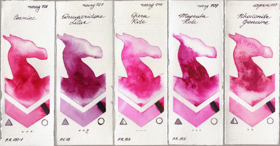 Rosa Gallery 708 Carmine vs 727 Quinacridone Lilac vs 744 Opera Rose vs 709 Magenta Rose vs Daniel Smith 167 Rhodonite Genuine watercolor swatch
