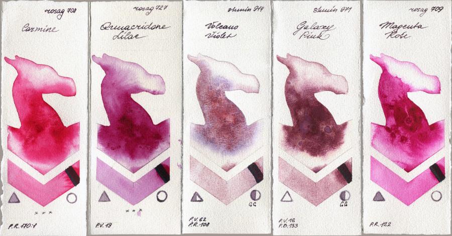 Rosa Gallery 708 Carmine vs 727 Quinacridone Lilac vs Shminke Horadam Aquarell 914 Volcano Violet vs 971 Galaxy Pink vs 709 Magenta Rose watercolor swatch