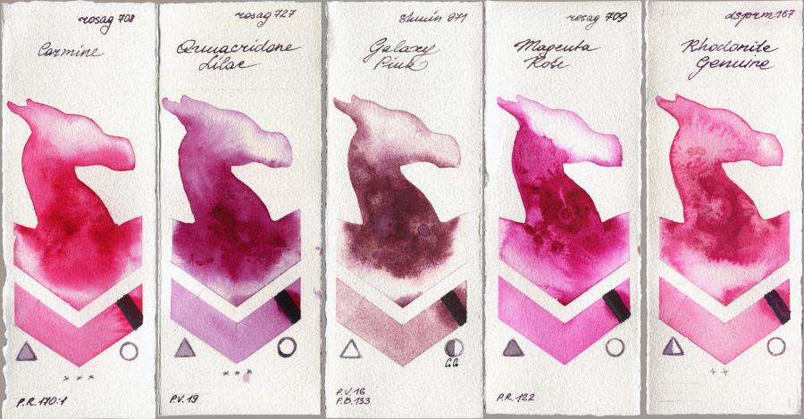 Rosa Gallery 708 Carmine vs 727 Quinacridone Lilac vs Shminke Horadam Aquarell 971 Galaxy Pink vs 709 Magenta Rose vs Daniel Smith 167 Rhodonite Genuine watercolor swatch