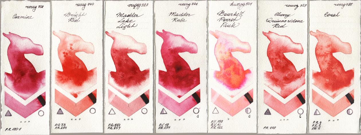 Rosa Gallery 708 Carmine, 740 Bright Red, Royal Talens Van Gogh Watercolour 327 Madder Lake Light, 726 Madder Rose, Holbein Artists Watercolor 501 Bourkes Parrot Pink, Roman Szmal Aquarius 329 Cherry Quinacridone Red, 756 Cor watercolor swatch