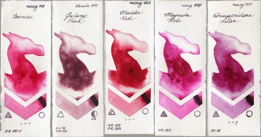 Rosa Gallery 708 Carmine vs Shminke Horadam Aquarell 971 Galaxy Pink vs 725 Madder Red vs 709 Magenta Rose vs 727 Quinacridone Lilac watercolor swatch