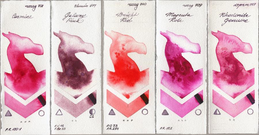 Rosa Gallery 708 Carmine vs Shminke Horadam Aquarell 971 Galaxy Pink vs 740 Bright Red vs 709 Magenta Rose vs Daniel Smith 167 Rhodonite Genuine watercolor swatch