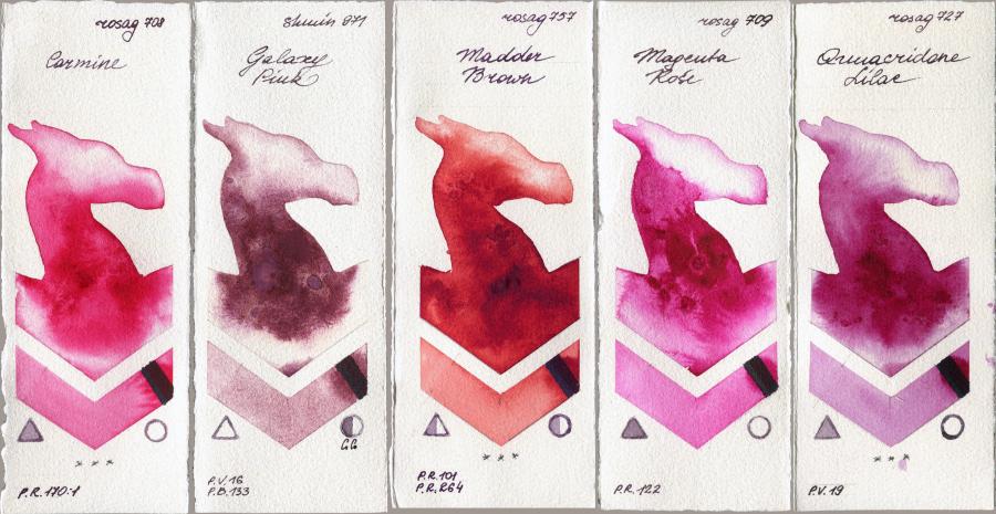 Rosa Gallery 708 Carmine vs Shminke Horadam Aquarell 971 Galaxy Pink vs 757 Madder Brown vs 709 Magenta Rose vs 727 Quinacridone Lilac watercolor swatch