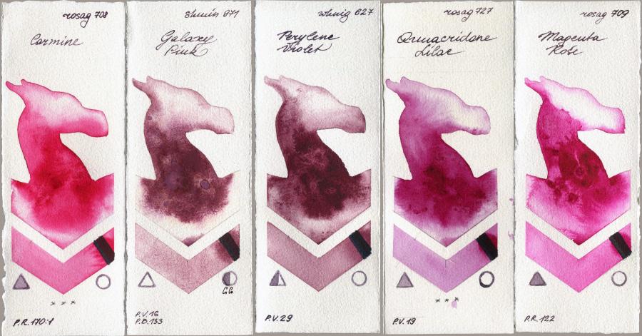 Rosa Gallery 708 Carmine vs Shminke Horadam Aquarell 971 Galaxy Pink vs  627 Perylene Violet vs 727 Quinacridone Lilac vs 709 Magenta Rose watercolor swatch