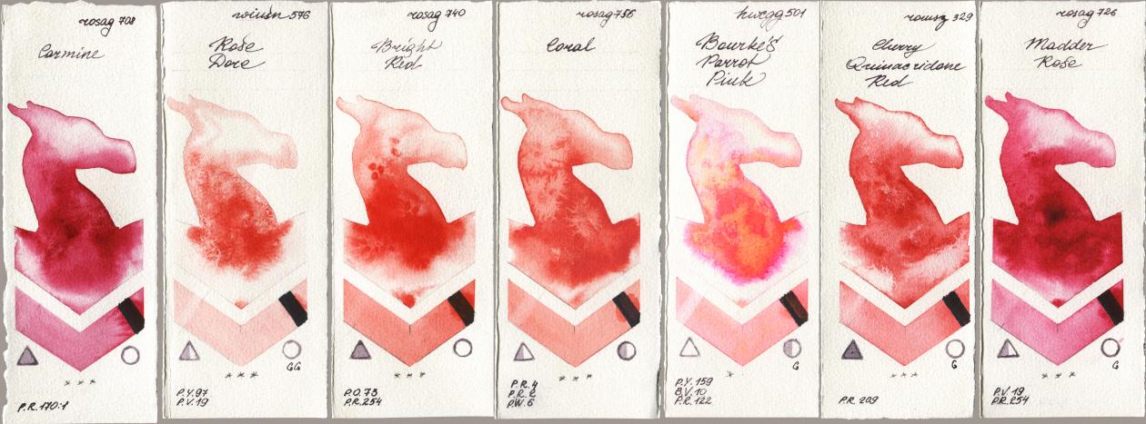 Rosa Gallery 708 Carmine, Winsor & Newton Professional 576 Rose Dore, 740 Bright Red, 756 Coral, Holbein Artists Watercolor 501 Bourkes Parrot Pink, Roman Szmal Aquarius 329 Cherry Quinacridone Red, 726 Madder Ro watercolor swatch