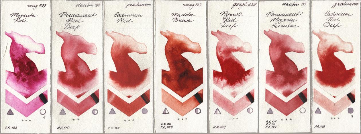 Rosa Gallery 709 Magenta Rose, Daniel Smith 069 Permanent Red Deep, M. Graham & Co. Artists 040 Cadmium Red, 757 Madder Brown, Golden QOR 225 Pyrrole Red Deep, 185 Permanent Alizarin Crimson, 045 Cadmium Red De watercolor swatch