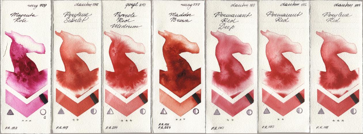 Rosa Gallery 709 Magenta Rose, Daniel Smith 076 Perylene Scarlet, Golden QOR 210 Pyrrole Red Medium, 757 Madder Brown, 069 Permanent Red Deep, 072 Permanent Red, 075 Perylene R watercolor swatch