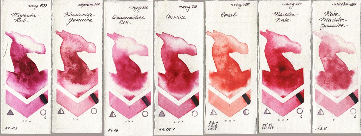 Rosa Gallery 709 Magenta Rose, Daniel Smith 167 Rhodonite Genuine, Royal Talens Van Gogh Watercolour 366 Quinacridone Rose, 708 Carmine, 756 Coral, 726 Madder Rose, Winsor & Newton Professional 587 Rose Madder Genui watercolor swatch