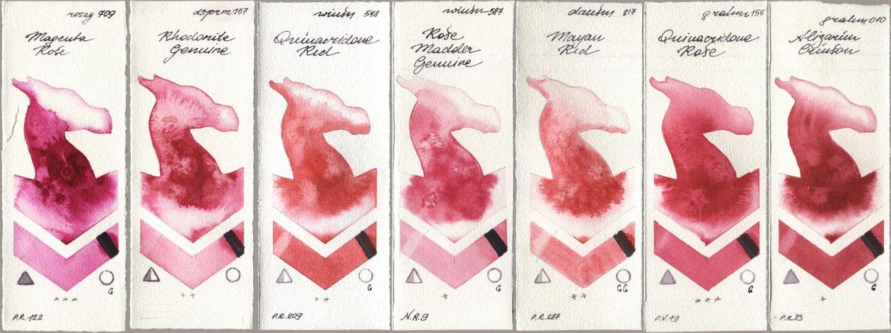 Rosa Gallery 709 Magenta Rose, Daniel Smith 167 Rhodonite Genuine, Winsor & Newton Professional 548 Quinacridone Red, 587 Rose Madder Genuine, 217 Mayan Red, M. Graham & Co. Artists 156 Quinacridone Rose, 010 Alizarin Crims watercolor swatch