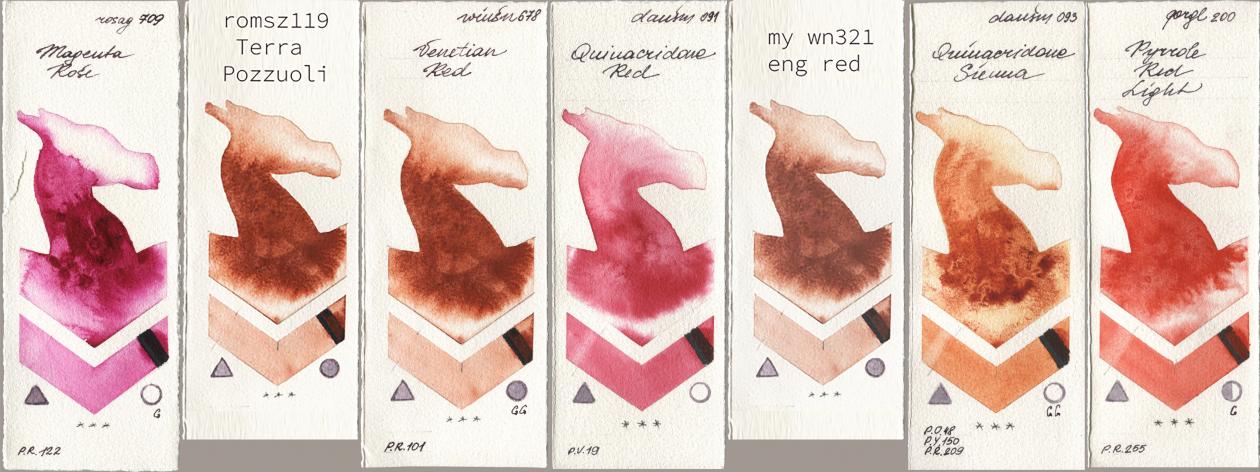 Rosa Gallery 709 Magenta Rose, my 119 pozzuoli, Winsor & Newton Professional 678 Venetian Red, Daniel Smith 091 Quinacridone Red, 034 eng red, 093 Quinacridone Sienna, Golden QOR 200 Pyrrole Red Lig watercolor swatch