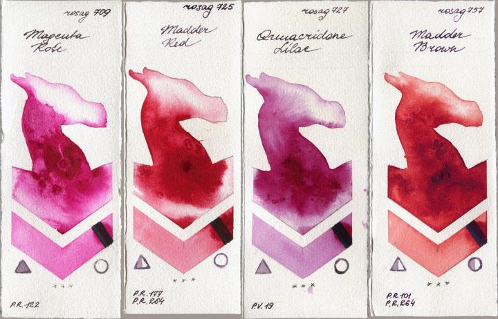 Rosa Gallery 709 Magenta Rose vs 725 Madder Red vs 727 Quinacridone Lilac vs 757 Madder Brown watercolor swatch