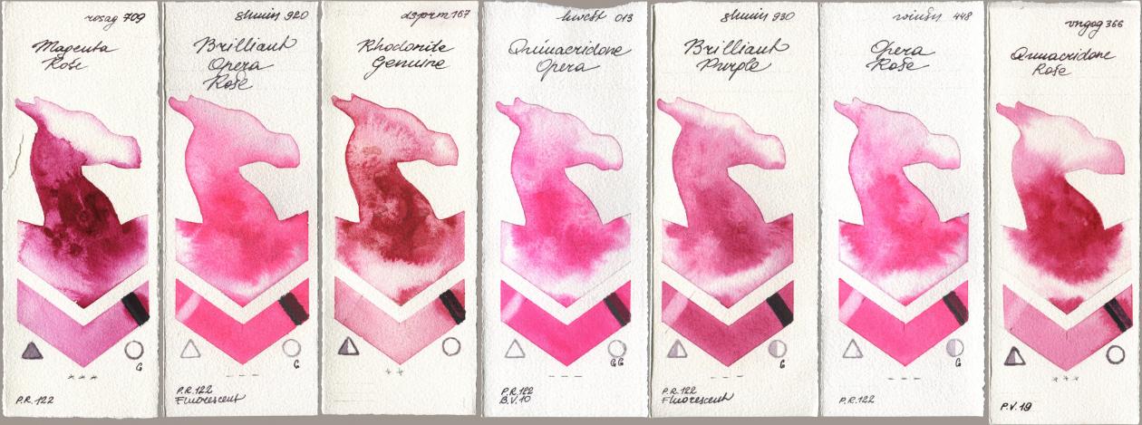 Rosa Gallery 709 Magenta Rose, Shminke Horadam Aquarell 920 Brilliant Opera Rose, Daniel Smith 167 Rhodonite Genuine, Holbein Artists Watercolor 013 Opera (Quinacridone Opera), 930 Brilliant Purple, Winsor & Newton Professional 448 Opera Rose, Royal Talens Van Gogh Watercolour 366 Quinacridone Ro watercolor swatch