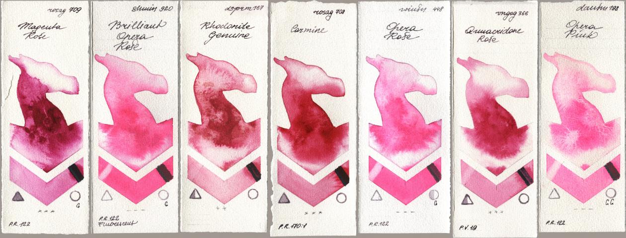Rosa Gallery 709 Magenta Rose, Shminke Horadam Aquarell 920 Brilliant Opera Rose, Daniel Smith 167 Rhodonite Genuine, 708 Carmine, Winsor & Newton Professional 448 Opera Rose, Royal Talens Van Gogh Watercolour 366 Quinacridone Rose, 198 Opera Pi watercolor swatch