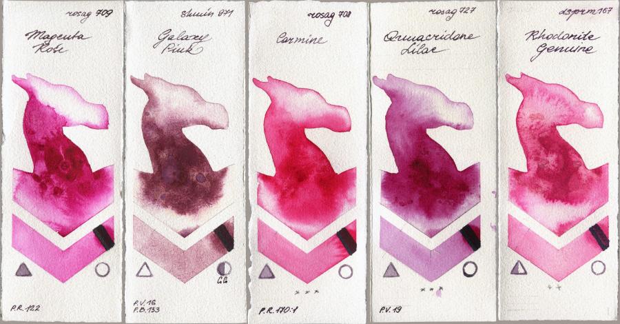 Rosa Gallery 709 Magenta Rose vs Shminke Horadam Aquarell 971 Galaxy Pink vs 708 Carmine vs 727 Quinacridone Lilac vs Daniel Smith 167 Rhodonite Genuine watercolor swatch