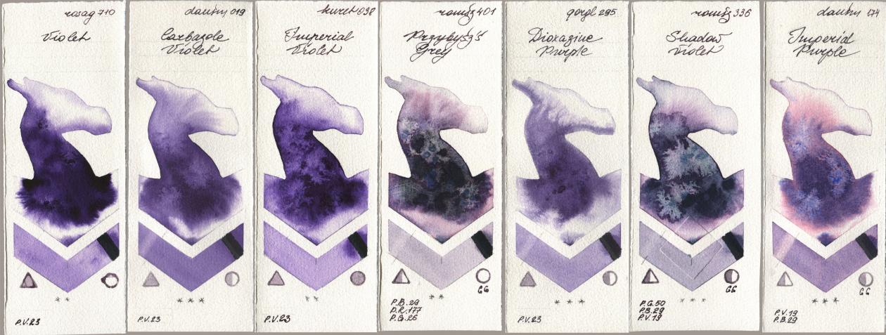 Rosa Gallery 710 Violet, Daniel Smith 019 Carbazole Violet, Kuretake Gansai Tambi 038 Imperial Violet, Roman Szmal Aquarius 401 Przybyszs Grey, Golden QOR 295 Dioxazine Purple, 336 Shadow Violet, 174 Imperial Purp watercolor swatch