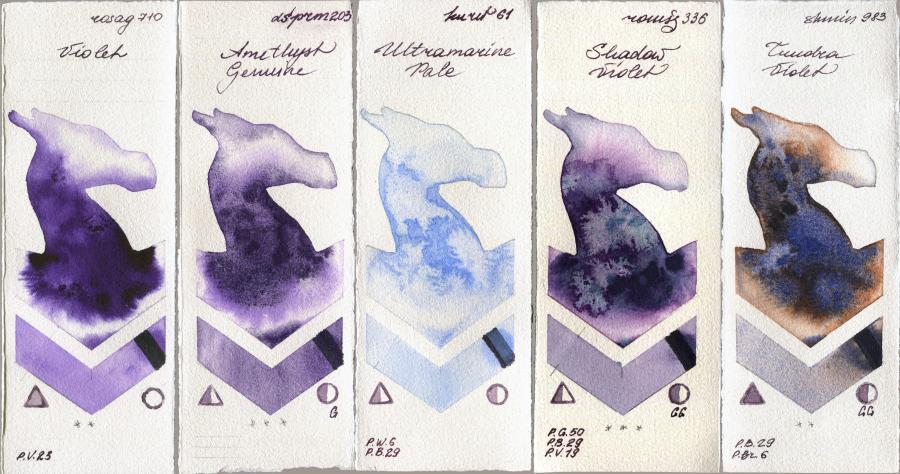 Rosa Gallery 710 Violet vs Daniel Smith 203 Amethyst Genuine vs Kuretake Gansai Tambi 61 Ultramatire Pale vs Roman Szmal Aquarius 336 Shadow Violet vs Shminke Horadam Aquarell 983 Tundra Violet watercolor swatch