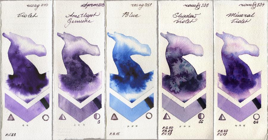 Rosa Gallery 710 Violet vs Daniel Smith 203 Amethyst Genuine vs 718 Blue vs Roman Szmal Aquarius 336 Shadow Violet vs 334 Mineral Violet watercolor swatch