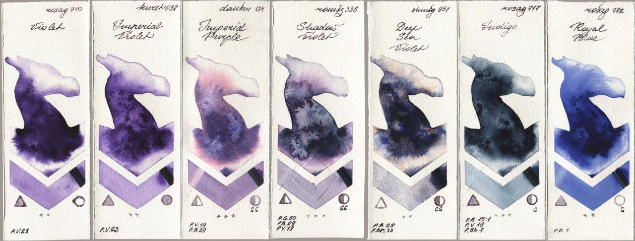 Rosa Gallery 710 Violet, Kuretake Gansai Tambi 038 Imperial Violet, Daniel Smith 174 Imperial Purple, Roman Szmal Aquarius 336 Shadow Violet, Shminke Horadam Aquarell 951 Deep Sea Violet, 717 Indigo, 782 Royal Bl watercolor swatch
