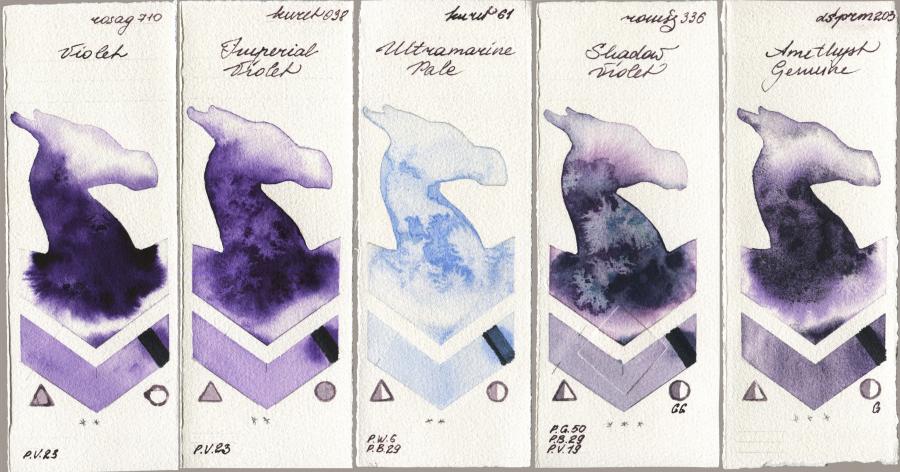 Rosa Gallery 710 Violet vs Kuretake Gansai Tambi 038 Imperial Violet vs 061 Ultramatire Pale vs Roman Szmal Aquarius 336 Shadow Violet vs Daniel Smith 203 Amethyst Genuine watercolor swatch
