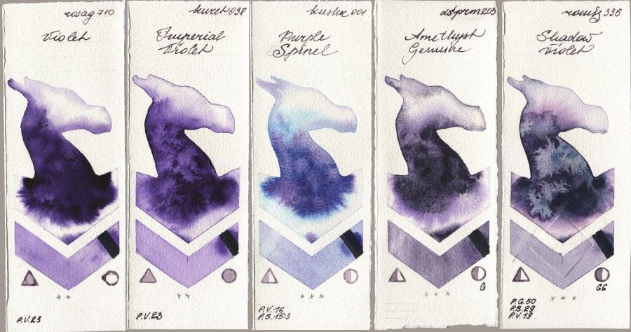 Rosa Gallery 710 Violet vs Kuretake Gansai Tambi 038 Imperial Violet vs Kusakabe 001 Purple Spinel vs Daniel Smith 203 Amethyst Genuine vs Roman Szmal Aquarius 336 Shadow Violet watercolor swatch