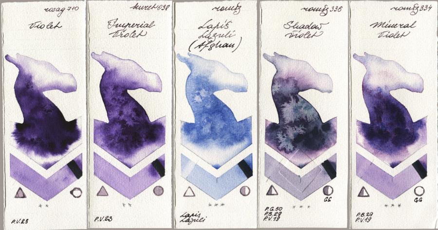 Rosa Gallery 710 Violet vs Kuretake Gansai Tambi 038 Imperial Violet vs Roman Szmal Aquarius 999 Lapis Lazuli Afghan vs 336 Shadow Violet vs 334 Mineral Violet watercolor swatch