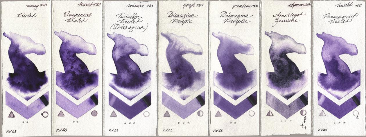 Rosa Gallery 710 Violet, Kuretake Gansai Tambi 038 Imperial Violet, Winsor & Newton Professional 733 Winsor Violet (Dioxazine), Golden QOR 295 Dioxazine Purple, M. Graham & Co. Artists 100 Dioxazine Purple, Daniel Smith 203 Amethyst Genuine, Holbein Artists Watercolor 115 Permanent Viol watercolor swatch