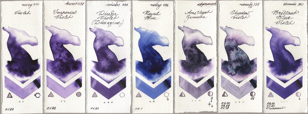 Rosa Gallery 710 Violet, Kuretake Gansai Tambi 038 Imperial Violet, Winsor & Newton Professional 733 Winsor Violet (Dioxazine), 782 Royal Blue, Daniel Smith 203 Amethyst Genuine, Roman Szmal Aquarius 336 Shadow Violet, Shminke Horadam Aquarell 910 Brilliant Blue Viol watercolor swatch