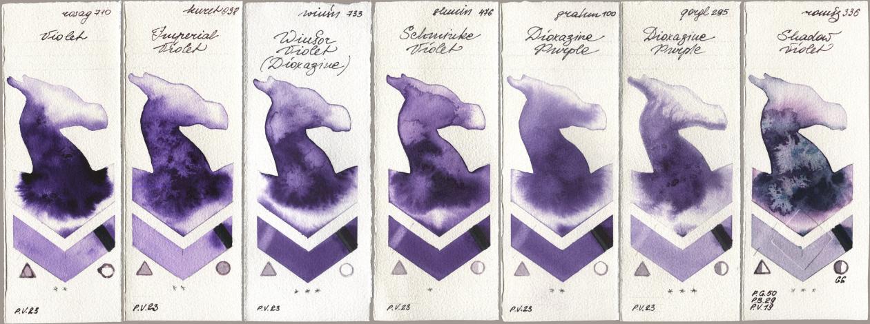Rosa Gallery 710 Violet, Kuretake Gansai Tambi 038 Imperial Violet, Winsor & Newton Professional 733 Winsor Violet (Dioxazine), Shminke Horadam Aquarell 476 Schmincke Violet, M. Graham & Co. Artists 100 Dioxazine Purple, Golden QOR 295 Dioxazine Purple, Roman Szmal Aquarius 336 Shadow Viol watercolor swatch